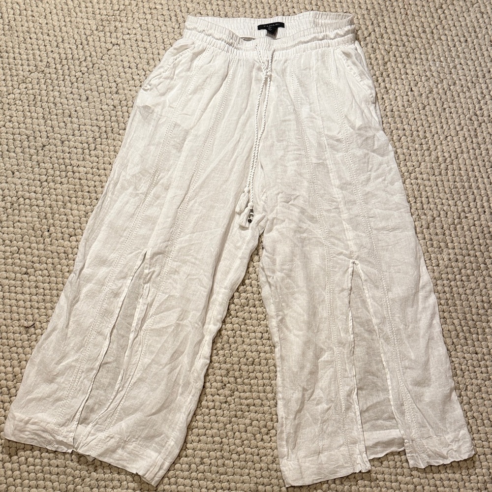 White Flowy  Linen-blend Wide Leg Pants with front slits.